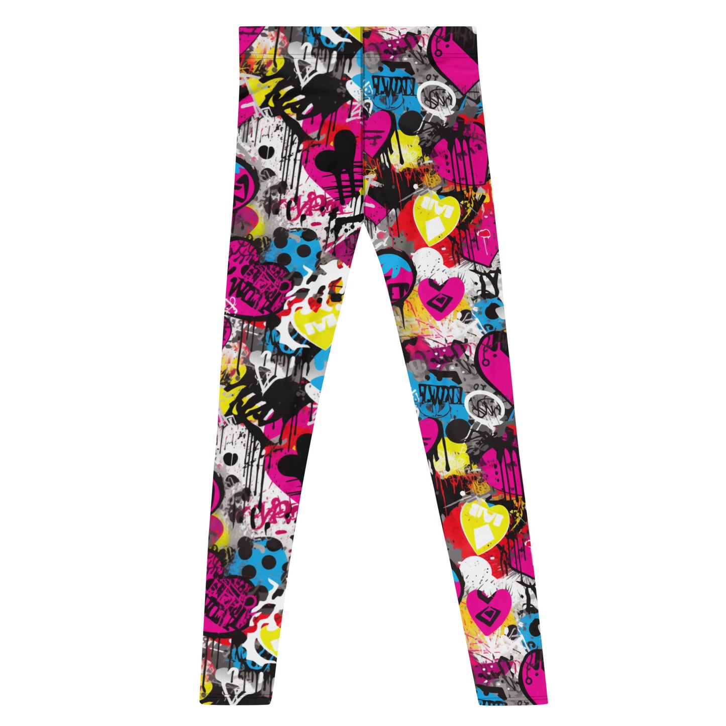Men's all-over print leggings with white background, full-front view alternate angle.
