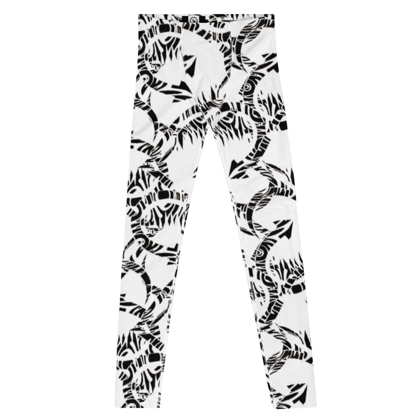 Men's all-over print leggings with white background, full-front view.