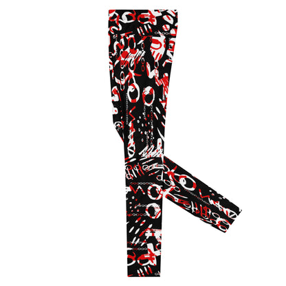 Men's all-over print leggings with white background, left-side view alternate angle.