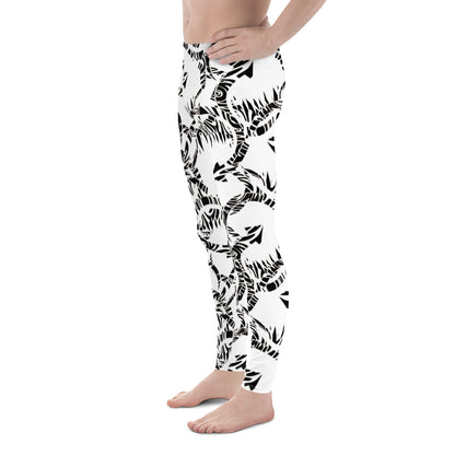 Men's all-over print leggings with white background, full-back view alternate angle.