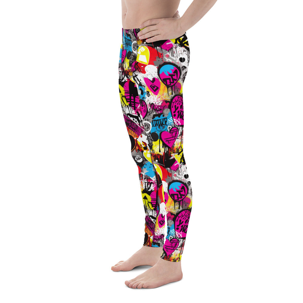 Men's all-over print leggings with white background, left-side view alternate angle.
