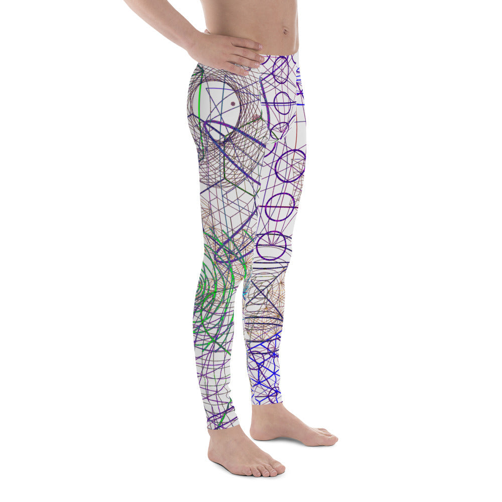 Men's all-over print leggings with white background, full-front view alternate angle.
