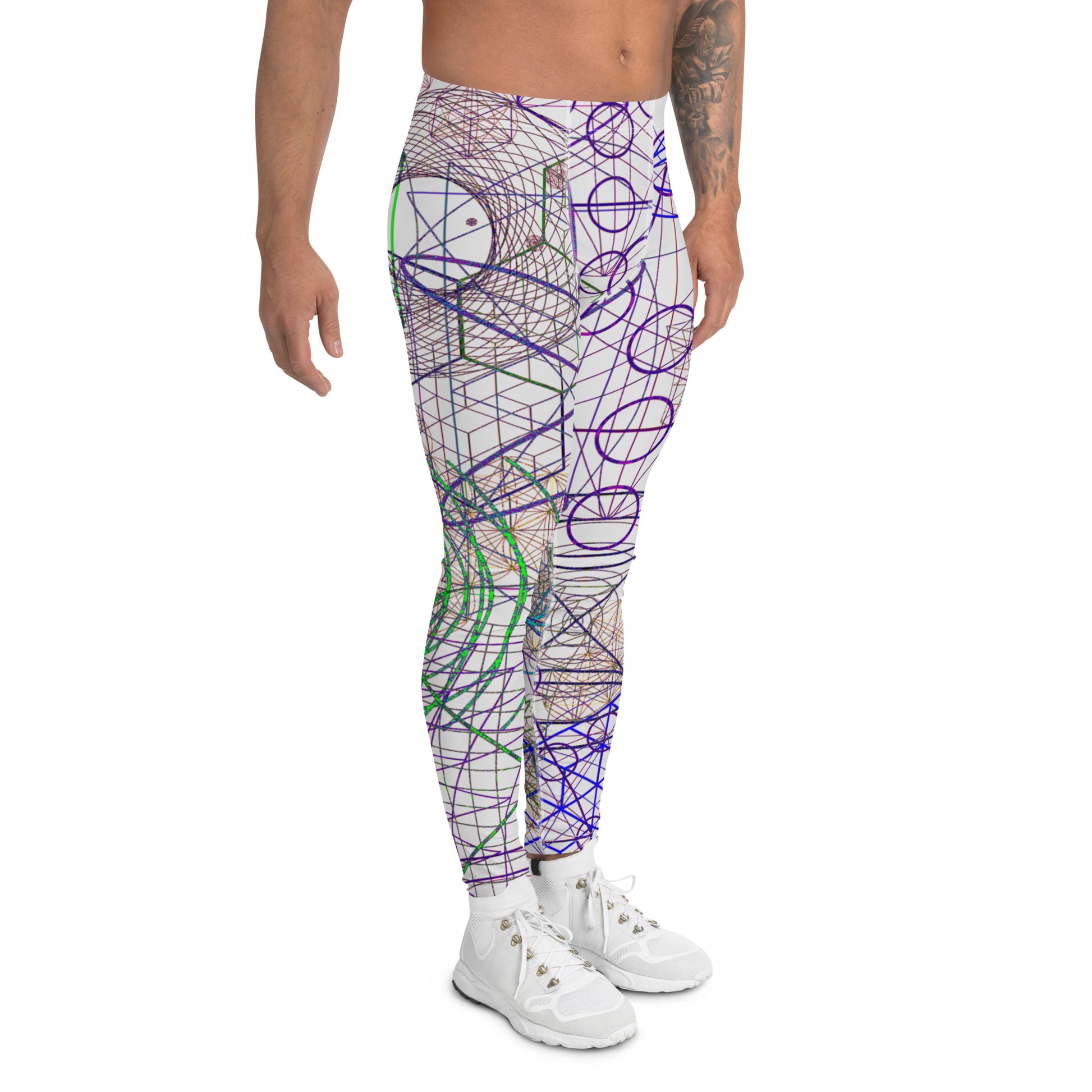 Men's all-over print leggings with white background, full-back view.