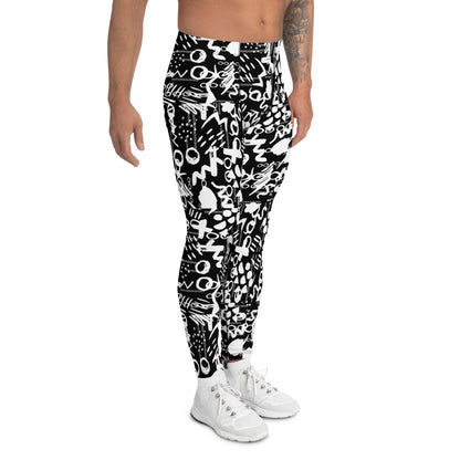 Men's all-over print leggings with white background, right-side view.