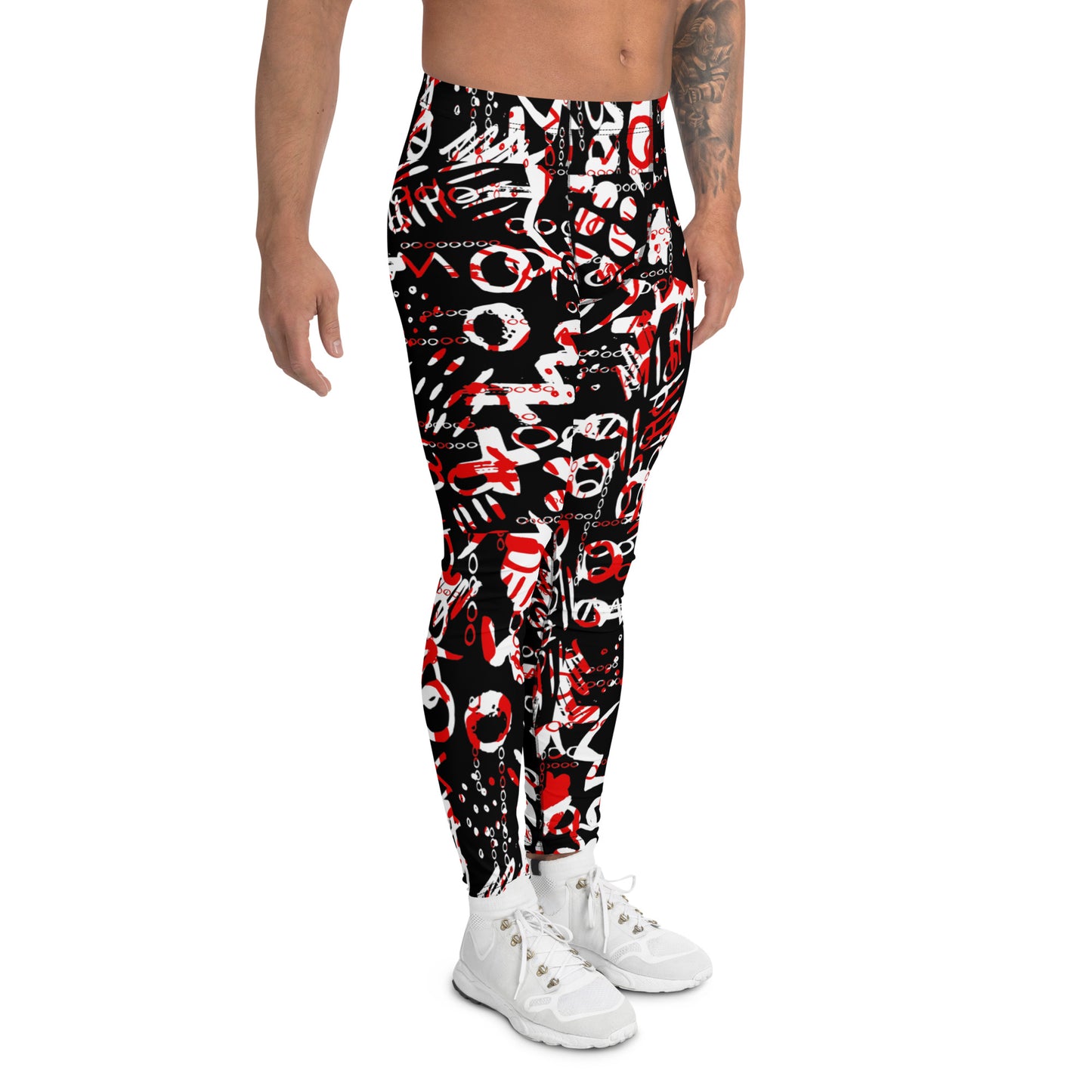 Men's all-over print leggings with white background, left-side view.