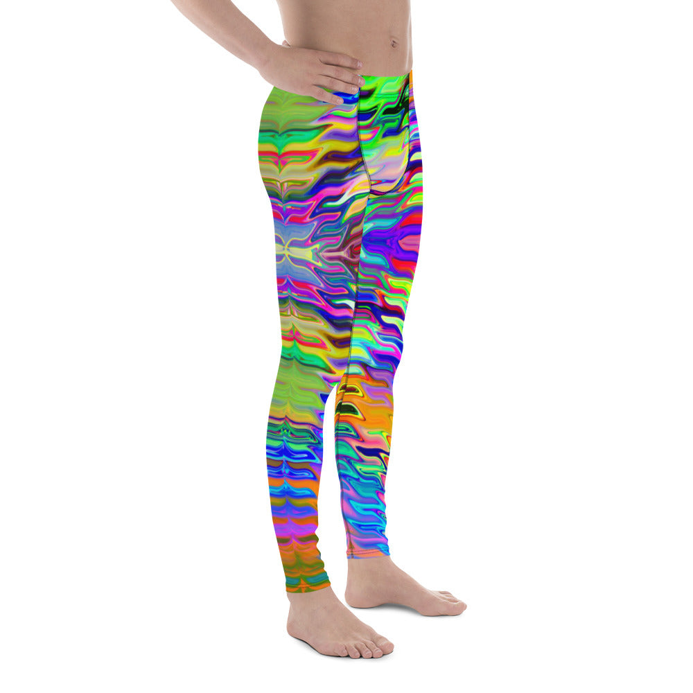 Men's all-over print leggings with white background, right-side view alternate angle.