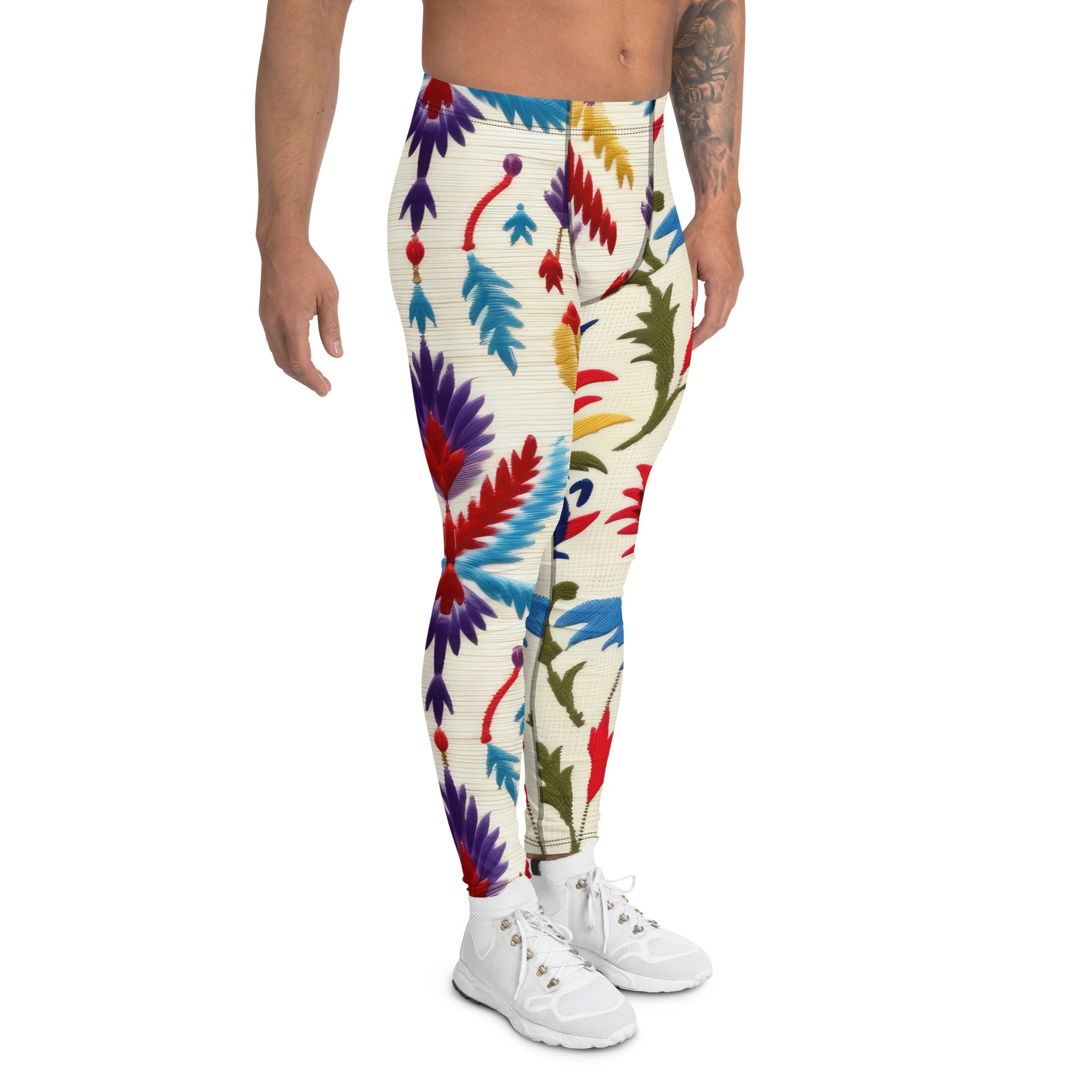 Men's all-over print leggings with white background, right-side view.