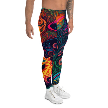 Men's all-over print leggings with white background, right-side view alternate angle.